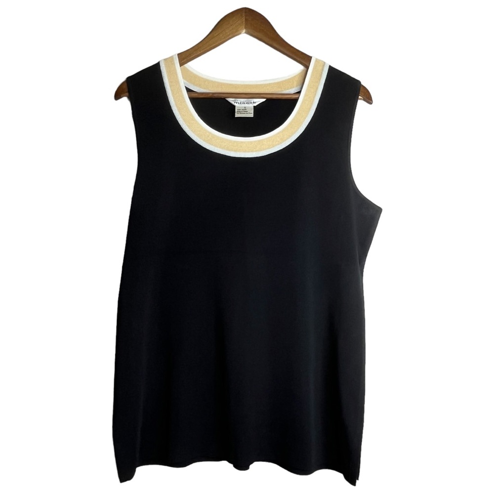 Exclusively Misook Knit Shell Tank in Black with White and Tan Scoop Neck